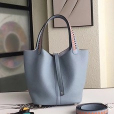 Hermes Blue Lin Picotin Lock 22cm Braided Handles Bag