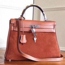 Hermes Brown Suede Kelly 32cm Bag With Zigzag Handle