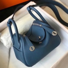 Hermes Mini Lindy Bag In Blue Agate Clemence Leather